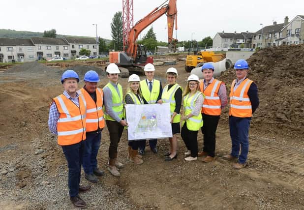 At the site of the new scheme are: Cllr Stephen Ross; David Mcrea, Monkstown Community Association (MCA); Mark Cooper, Rolston Architects; Emma Connelly, Michael McDonnell and Hazel Bell, all from Choice Housing; Deborah Brown, Department for Communities; Mark Cooper, MCA; and Dermot Loughran, Brendan Loughran & Sons.