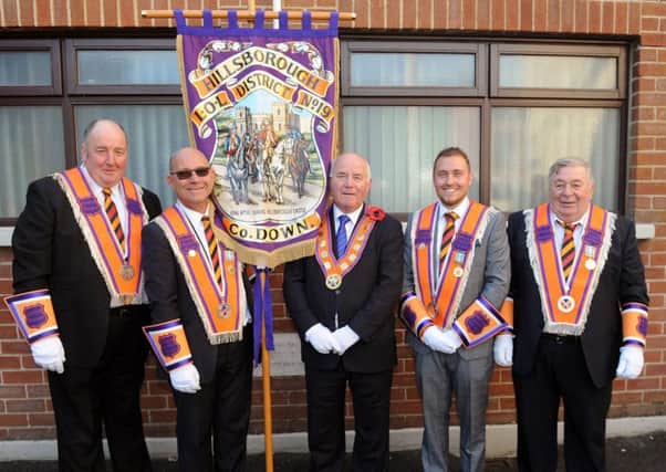 The Right Worshipful Bro Sam Walker, County Grand Master (County Down) pictured with Hillsborough District LOL No 19 office bearers Bros Robert Mitchell, District Treasurer and Philip Nelson, Worshipful District Master (left) and Bros Marc Cairns, Deputy District Master and Dougie Hoare, District Secretary (right) prior to the opening of the Hillsborough arch on Friday 22nd June.