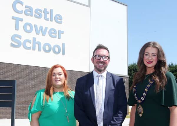 Anne Donaghy, Raymond McFeeters and Mayor Lindsay Millar at the official opening of the new Castle Tower School.