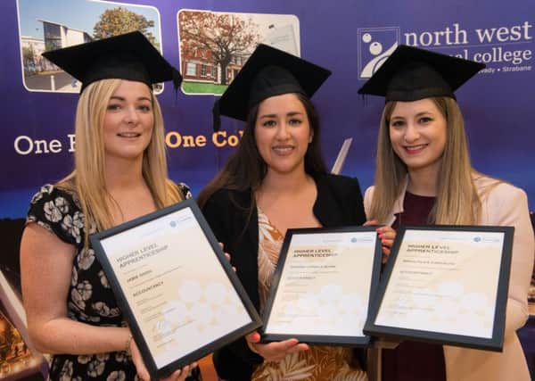 Jamie Given, Daniella Quinn, and Diana Carvalho, graduates of the Higher Level Apprenticeship in Accountancy at North West Regional College. (Picture by Martin McKeown).