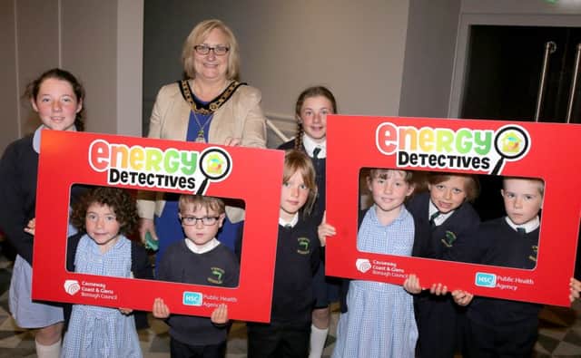 The Mayor of Causeway Coast and Glens Borough Council Councillor Brenda Chivers pictured with pupils from St Marys Primary School on Rathlin Island at the Energy Detectives celebration event.