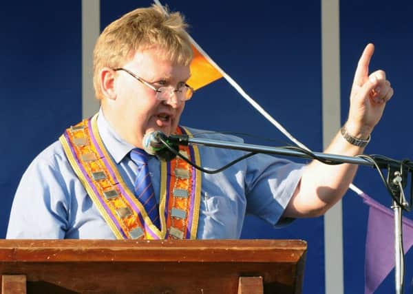 The Rt Worshipful Bro Harold Henning (Deputy Grand Master, Grand Orange Lodge of Ireland) pictured addressing the crowd prior to opening the new arch in Donaghcloney on Saturday 30th June.