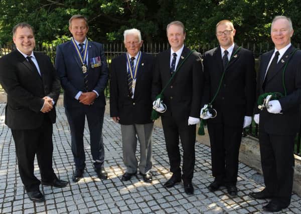 Cllr Nathan Anderson, Raymond Corbett (President of Lisburn Branch of the Royal British Legion), Gordon Rogan (Chairman of Lisburn Branch of the Royal British Legion) and buglers Colin Elliott, Jeffrey McCullough and Mark Hancock pictured at the Royal British Legion (Lisburn Branch) short service and wreath laying at Lisburn War Memorial on Sunday 1st July to remember the fallen at The Battle of The Somme.