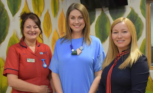 Pictured at the opening of The Meadows are Sister Morag Boyd, broadcaster Sarah Travers and Caroline Diamond, Lead for Maternity and Gynaecology Inpatients.