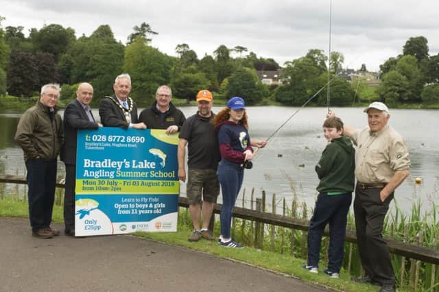 Left to Right: Frankie McPhillips (APGAI Ireland Fly tying instructor); John Blair (DAERA Inland Fisheries Community Outreach Programme, Funder); Mid Ulster District Council Chair, Councillor Sean McPeake; Michael Brunton (Representing MPB Decking (sponsor) & Moyola Angling Association); Ray McKeeman (APGAI Ireland Fly fishing instructor); Emma Bartley (Junior Angler); Michael Brunton Jr (Moyola Angling Association Junior Angler) and Joe Stitt (APGAI Ireland Fly fishing instructor).