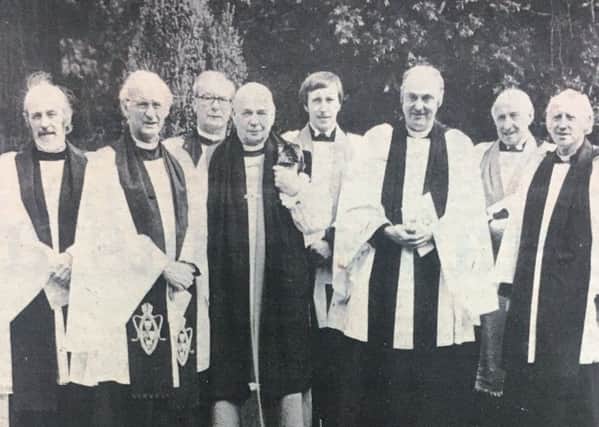 Most Rev J W Armstrong, Archbishop of Armagh with Archdeacon J Shearer, Rev J C Moore and minsiters who assisted him at the thansgiving service to mark the 300th anniversary of Holy Trinity Parish Church in Waringstown in 1981.