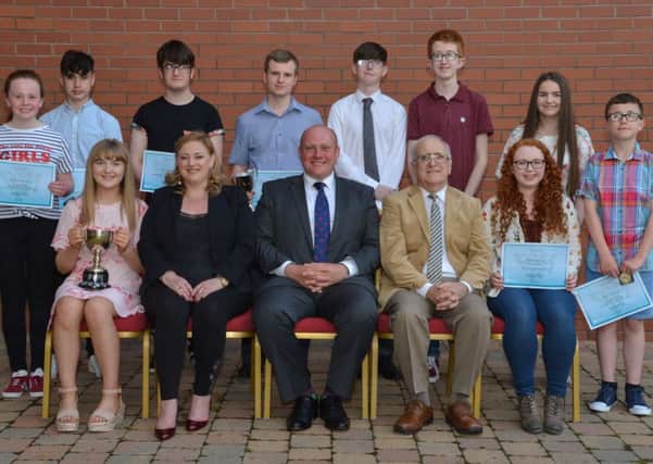 Pictured are the local nominees and prizewinners, Dearbhail McDonald, Head of EA Music Service Mr Darren Canmore, and Chairperson of the Friends of the Music Service Mr Thomas McIlvenna.