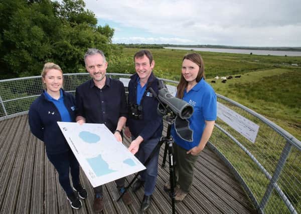 Catriona Grant, Fundraising and Finance Administrator at RSPB NI is pictured with Richard Rogers, Alpha Programme and her RSPB NI colleagues Donnell Black, Portmore Lough Site Manager and Laura Smith, Portmore Lough Warden. RSPB NI, awarded Â£50k through the Alpha Programme, will use the funding towards the enhancement of the wet grassland habitat at Portmore Lough in Aghalee, Co Antrim.
