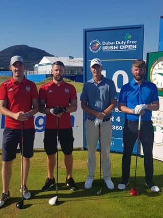 Gerard Doherty, Rory Patterson, Nicolas Colsaerts and Paddy McCourt pictured at the 10th hole before starting their run at the Dubai Duty Free Irish Open Pro-Am, at Ballyliffin.