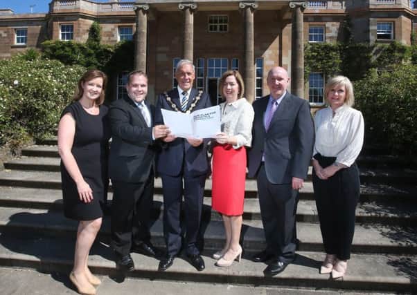 Pictured at the stunning Hillsborough Castle, the venue for the launch of the Council's Corporate Plan, are Public Affairs and Communications Manager at Coca-Cola HBC, Louise Sullivan; Chairman of the Council's Corporate Services Committee, Cllr Nathan Anderson; The Mayor, Cllr Uel Mackin; Chief Executive, Dr. Theresa Donaldson; Chairman of the Council's Development Committee, Ald. William Leathem and Director of Strategic Planning, Quality and Support at SERC, Heather McKee.