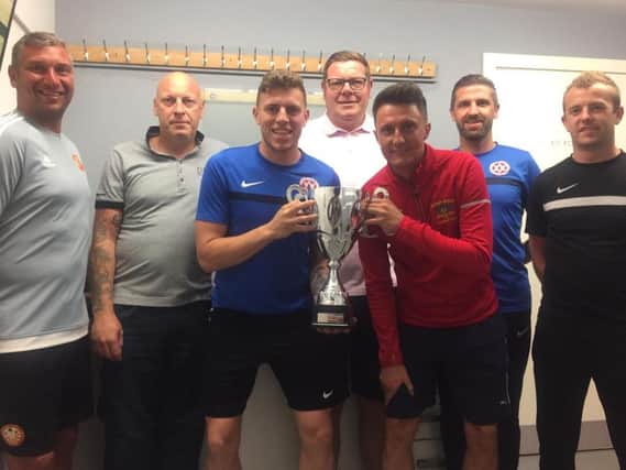 At Shamrock Park in the Geordie Richardson Boot Room are, from left, Matthew Tipton (Portadown), Nigel Richardson, Jake Richardson (Hanover), Darren Richardson, Ciaran McGurgan (Annagh United), Steven Hyndes (Hanover) and Graeme Steenson (Tandragee Rovers).