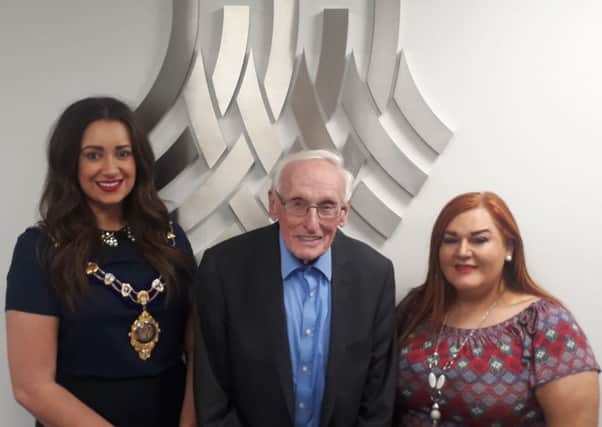 Mayor of Mid and East Antrim Cllr Lindsay Millar, Sir William Wright CBE, and Council Chief Executive Anne Donaghy.