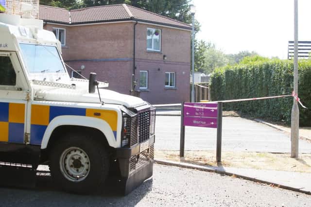The scene at Millmount Court in Banbridge where the body of man in his 50s was found late on Monday afternoon