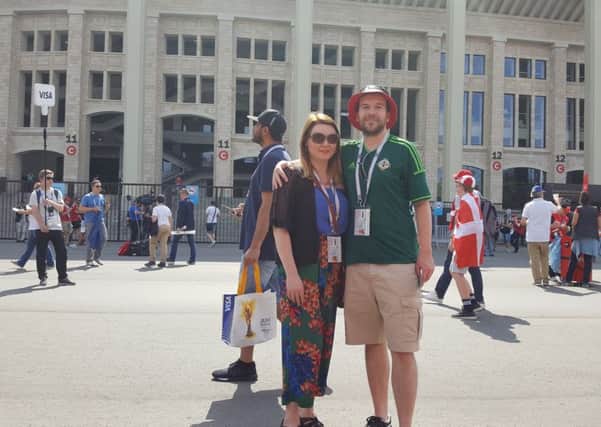 Karina and Russell pictured outside the Luzhniki Stadium ahead of the Denmark v France tie.