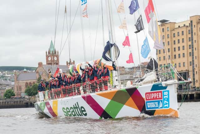 The Clipper Yacht, Visit Seattle arrives in First Place, in Londonderry on Monday after completing the LegenDerry transatlantic crossing from New York in the penultimate leg of the circumnavigation of the world. Picture Martin McKeown/Clipper Round the World Yacht Race