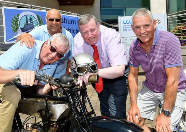 Pictured launching the Lisburn City Old Vehicle Club (LCOVC) annual Vintage and Classic Car & Bike Cavalcade at Lagan Valley Island with Alderman Paul Porter, Chairman of the Council's Leisure & Community Development Commitee are: Syd McCoy, Secretary of LCOVC; Sammy Spence, Chairman of LCOVC and David Seeds, LCOVC member.  This event will take place on Monday 6th August and the cavalcade will leave Lagan Valley Island to parade to the Dundrod circuit on Monday 6th August.