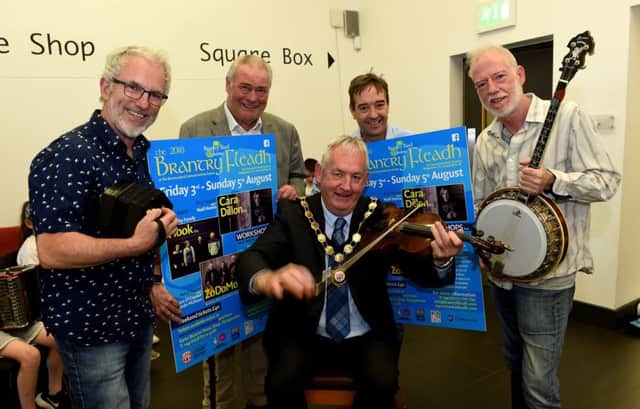 County Clare Concertina player Noel Hill, and Galway Based Fermanagh Musician Brian McGrath helps Chairperson of Mid -Ulster Council Cllr Sean McAteer, Cllr Pheilm Gildernew and Brantry Fleadh organiser Mark Mohan launch the Brantry Fleadh 2018, at the Hill of O'Neill Ranfurly House Arts and Cultural Centre, Dungannon.