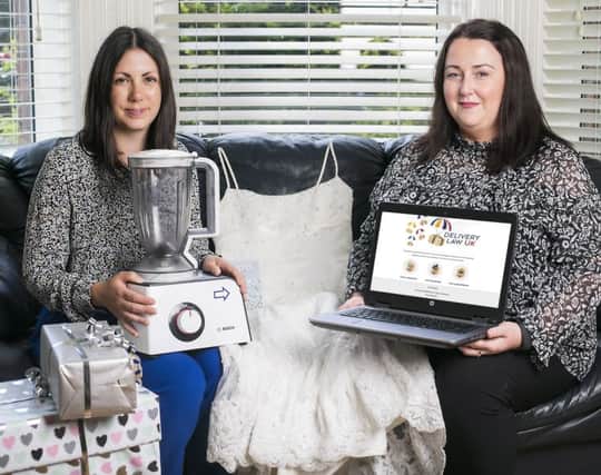 Pictured are consumer Sarah Hunter, who had problems getting a wedding present delivered to Northern Ireland, and The Consumer Councils Head of Postal Services, Kellin McCloskey, who says the new website www.deliverylaw.uk will be a useful resource for people who have had a frustrating, time consuming or expensive experience trying to have an online purchase delivered to Northern Ireland.