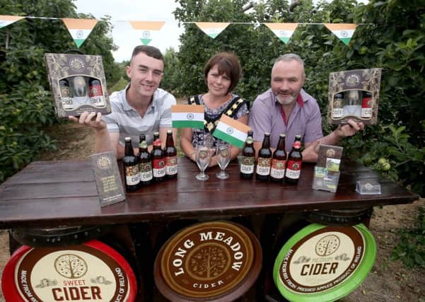 Lord Mayor, Councillor Julie Flaherty launches Armagh City,
Banbridge and Craigavon Borough Councils latest Go East trade mission with Pat and Peter 
McKeever from Long Meadow Cider, participants in the hugely successful pilot earlier this 
year.  Picture Steven McAuley/McAuley Multimedia