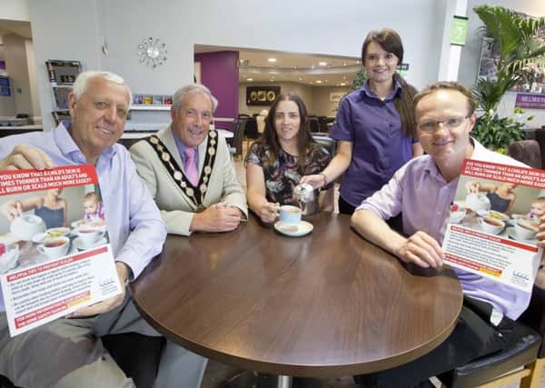Pictured at the launch of the local Burns and Scalds Campaign are: Robin Mercer, owner of Hillmount Garden Centre; the Mayor, Councillor Uel Mackin;  Niamh Corey, Environmental Health Officer (Health and Wellbeing); 
Courtney Best, Supervisor of the restaurant in Hillmount and Alan Mercer.