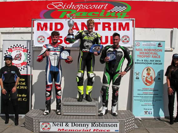 Alistair Kirk won the Neil Robinson Memorial Trophy race from David Haire (left) and Gerard Kinghan at Bishopscourt on Sunday.