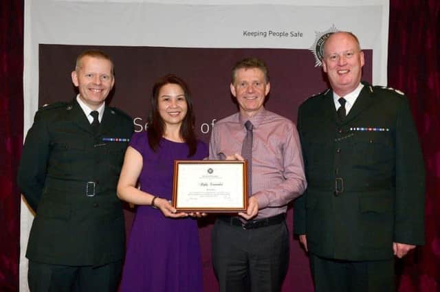 Pictured from left to right, Superintendent Jeremy Lindsay, Ms Amy Chung, Dr David R Allen, Causeway Coast and Glens Borough Council Environmental Health Officer and Chief Constable George Hamilton.