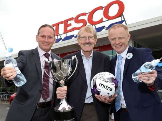 David Dunbar, Store Manager Tesco Coleraine, Victor Leonard, SuperCupNI Chairman, Sam Larkin, Store Manager Tesco Ballymena.
