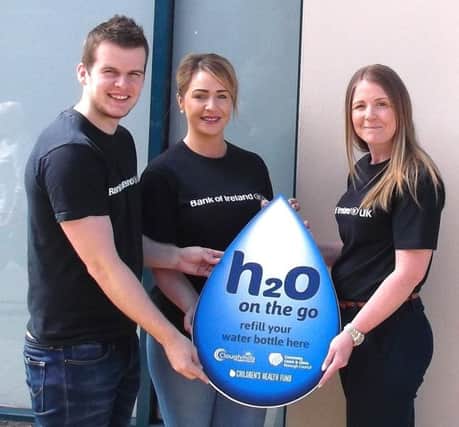Staff from Bank of Ireland in Limavady show their support for Causeway Coast and Glens Borough Councils H2O On The Go scheme. The bank is the first financial organisation to join the ever growing list of participants on the free drinking water scheme which aims to reduce our reliance on plastic bottles.