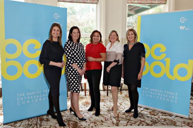 Attending the 2nd Annual Female Entrepreneurs Conference 2018 held at Galgorm Resort and Spa are l-r conference host Sarah Travers,  Jayne Taggart CEO of the Causeway Enterprise Agency, key note speaker  Norah Casey Broadcaster and Publisher, from Women in Business  Roseann Kelly and key note speaker Grainne Kelly inventor of the BubbleBum Booster Seat.