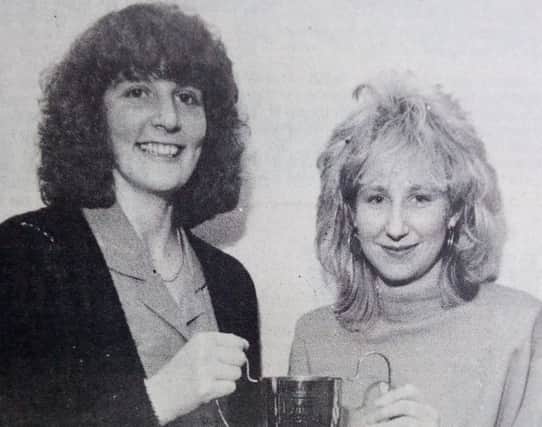Joint first XI player of the year winners, Heather Wilson (left) and Jennifer Neill at the Carrickfergus Ladies Hockey Club presentations, 1989.