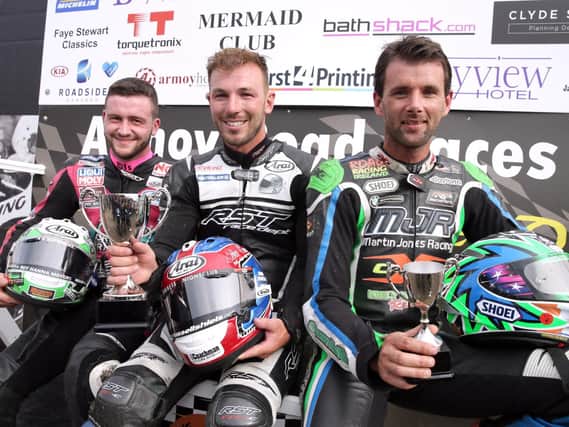 Paul Jordan (centre) won the Supersport 600 race at Armoy from Adam McLean (left) and Michael Sweeney.