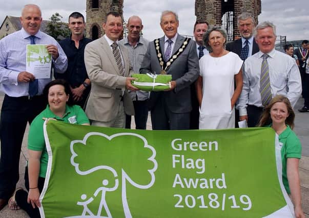 Pictured receiving the three Green Flag awards for Lisburn & Castlereagh City Council are: Jim Ros, Director of Leisure & Community Wellbeing; Ryan Osborne, Lisburn & Castlereagh City Council; Ian Humphreys, Keep Northern Ireland Beautiful; Davy Irwin, Mayor Cllr Uel Mackin; Stephen Mackle; Carolyn Thomas; William Torrens and Ross Gillanders, Lisburn & Castlereagh City Council.
Front Row L-R: Nicola Fitzsimons and Jen Firth, Keep Northern Ireland Beautiful.