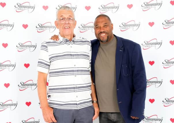 Leslie, who slimmed from 22st 9.5lbs to 13st 6.5lbs at the Antrim Slimming World group, with John Barnes. (pictures courtesy of Slimming World).