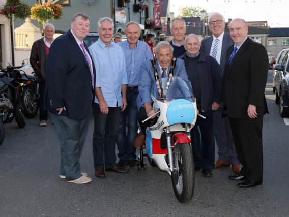 Mayor of Lisburn and Castlereagh City Council, Cllr Uel Mackin and members of the Council joined 'Dromara Destroyers' Trevor Steele, Ray McCullough, Brian Reid and Ian McGregor before the ride-out from the Co Down village to the Ulster Grand Prix circuit at Dundrod.