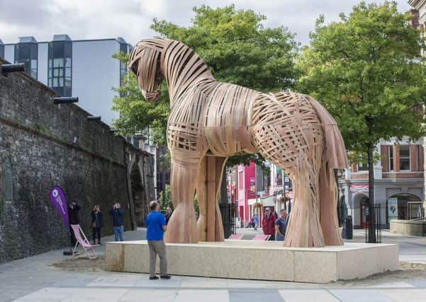 The Trojan horse which has been constructed for the performance of The Iliad at Derry Walls