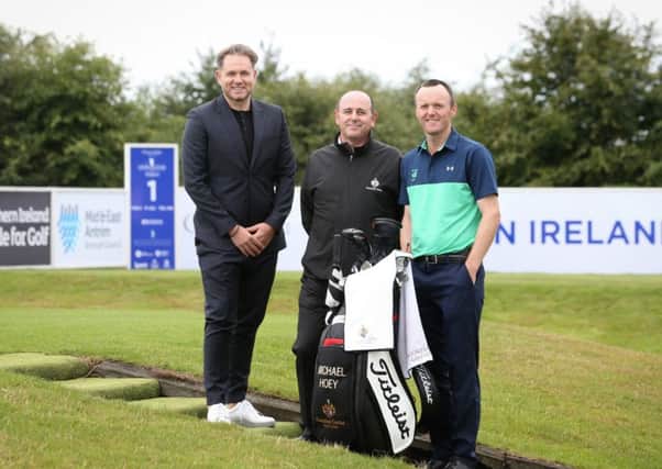 (L-R) Modest! Golf Director Mark McDonnell pictured along with Gary Henry, Managing Director at Galgorm Castle, and NI Open Tournament Ambassador Michael Hoey at today's announcement to introduce the Ladies NI Open from 2019