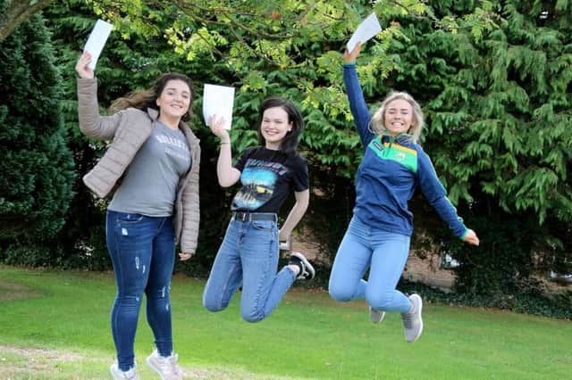 16/08/18 McAuley Multimedia Roisin Cummings, Eimear Cunningham and Naomi Carson celebrate their A level resultsat  Cross and Passion College in Ballycastle.Pic Kevin McAuley/McAuley Multimedia
