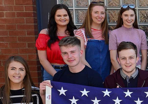Ballymena students Karla Kernohan (left) and Eoin McGaughey (front right) are jetting off to study business in the USA this month. They are pictured here with some of the other students from across Northern Ireland who are also on the British Councils prestigious Study USA programme.