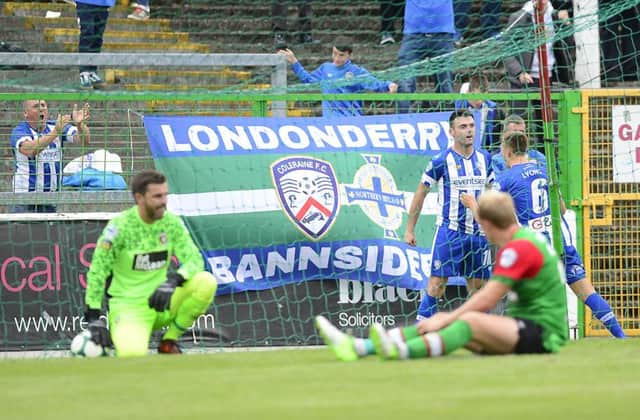 Coleraine's Eoin Bradley pictured after scoring his team' late equaliser during Saturday's game at The Oval.
 Picture By: Arthur Allison/Pacemaker Press