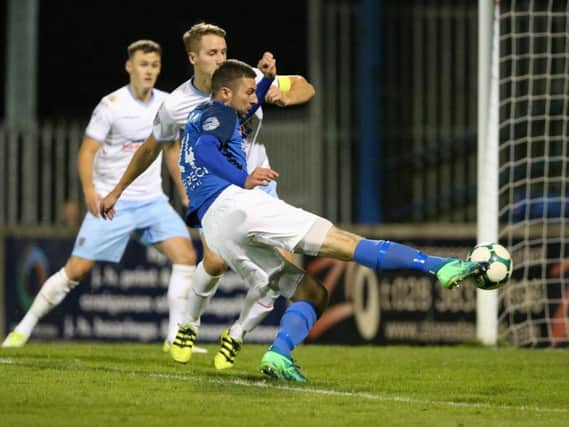 Stephen Murray on the turn to score for Glenavon against Ballymena United.