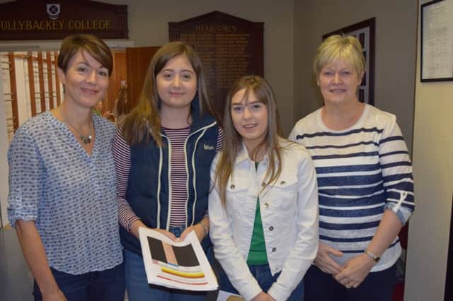 Cullybackey College students Jodie Wylie and Chloe McGregor with their mums.