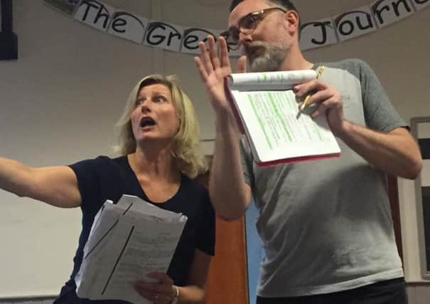 Elaine Macauley and Alan Morton as Dolly Levi and Horace Vandergelder in rehearsal for Hello Dolly!
