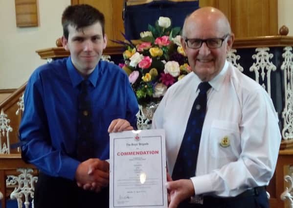Corporal Nathan Davis of the 1st Bluestone BB Company, recently received the  President's Commendation Certificate from the National & NID Honorary Vice President , Mr Perry Donaldson J.P.,on behalf of Brigade President The Lord Griffiths of Burry Port. This special award was presented to Nathan in recognition for his commitment to Boys' Brigade, work, family, church and community, despite several ongoing and challenging health  issues. The current Queen's Badge and Silver DofE recipient is planning  to go to Uganda with the "Fields of Life " charity, as part of an overseas mission outreach team in July. "