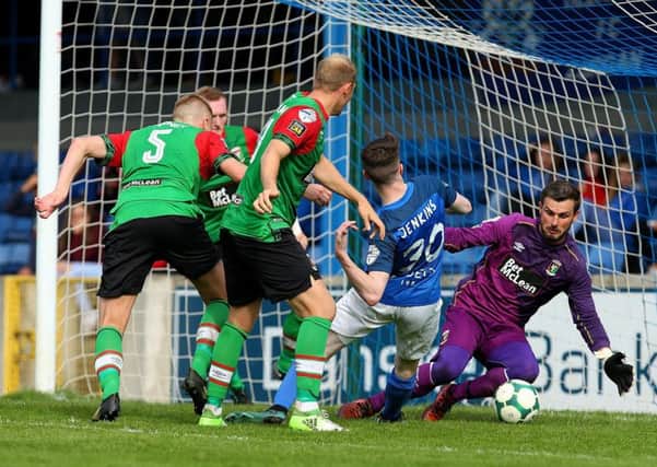 Elliott Morris making his 700th appearance as Glentoran goalkeeper in the 1-1 draw with Glenavon. Pic by Pacemaker.