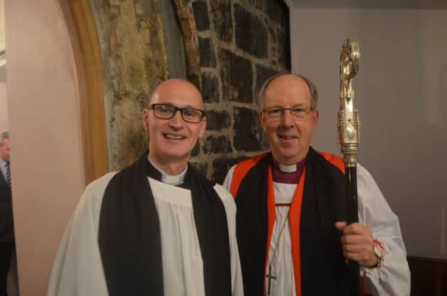 The new Rector of Camus-Juxta-Bann, Rev Paul Lyons, with the Bishop of Derry and Raphoe, Rt Rev Ken Good, outside St Mary's Church in Macosquin.
