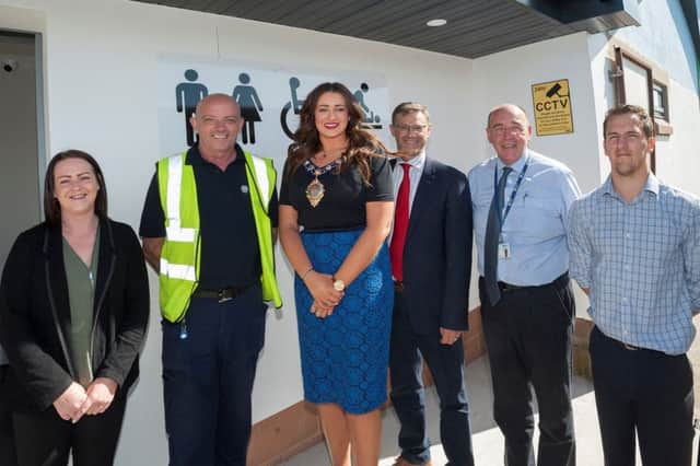Paula Taylor, waste; David Anthony, assistant waste supervisor, MEA Mayor, Lindsay Millar; Philip Thompson, director of operations; Clifford McDonald, facilities manager;  Michael Baker, waste supervisor at the official  opening of Whitehead's new toilet block.