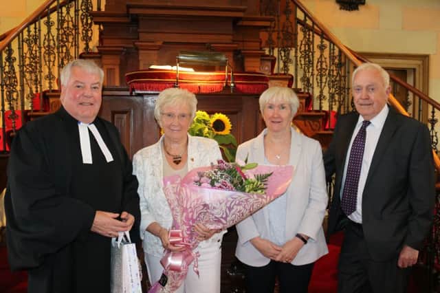 The Rev Norman Hutton on his last Sunday as Minister of Banbridge Non-Subscribing Presbyterian Church with, from left: Mrs Doris Hutton, Mrs Carol McAlister (Honorary Secretary) and Mr Jim Russell.