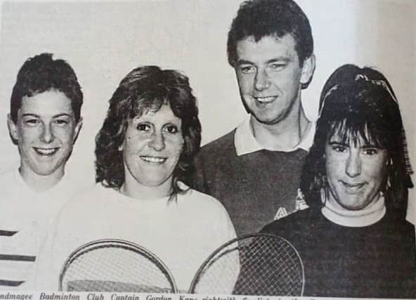 Islandmagee Badminton Club Captain Gordon Kane (right) with finalists in the captain's tournament - Peter Johnstone, Ann Carson and Barbara Gilmour. 1989.