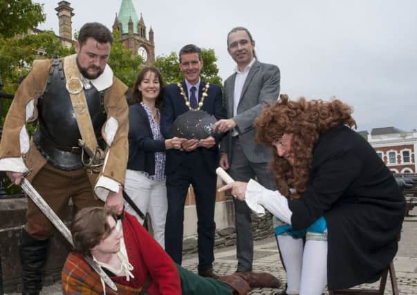 Caption: The Mayor of Derry City and Strabane District, Councillor John Boyle pictured with Aeidin McCarter, Head of Culture, DCSDC and Ronan McHugh, Historic Environment Division, Department for Communities, and members of the Footsteps Theatre Company (enacting the Trial of Rory OCahan, 1615) at the launch of the programme for March 2019s 400th Anniversary of the Completion of the Citys Walls. (Photo: Jim McCafferty Photography)