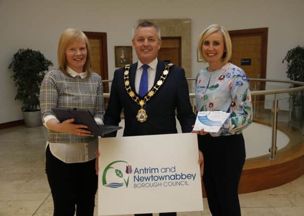Eilish Devlin, Ardean and Laura McKnight, Legal Assist, join The Mayor of Antrim and Newtownabbey, Councillor Paul Michael, to launch the Build Your Own Website initiative.